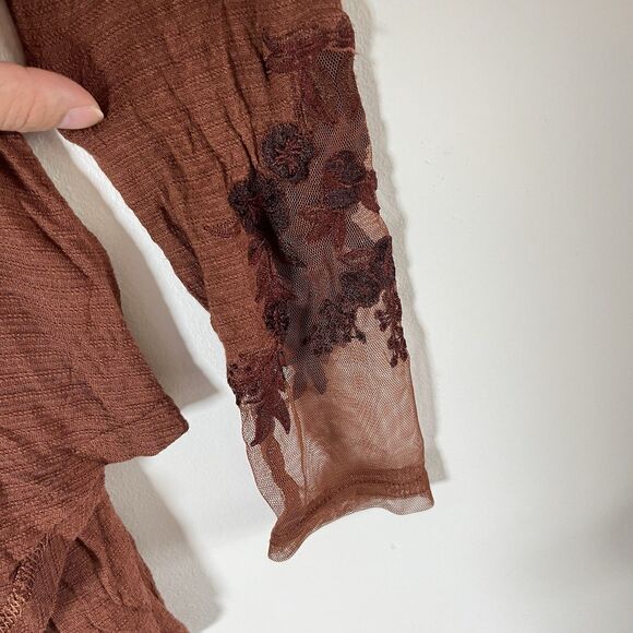 Free People Saheli Brown Long Sleeve Shee Yoke Embroidered Trim Blouse Womens S - Picture 8 of 12